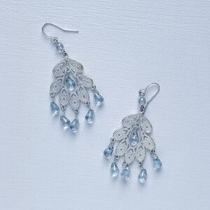 SILVERTONE Art Nouveau Filigree Chandelier Earrings Pale Blue Briolette Drops